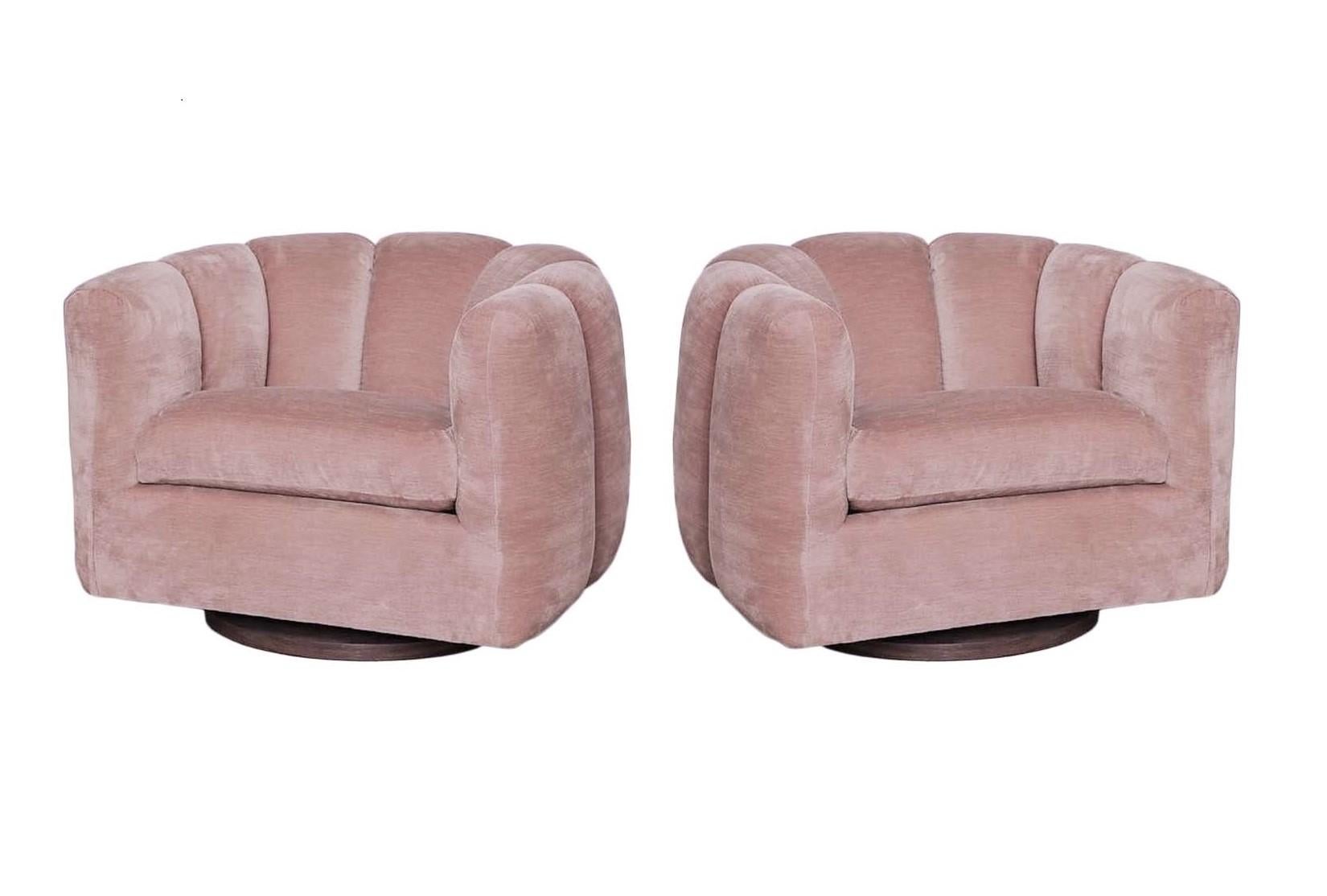 American Blush Pink Pair Channel Back Swivel Chairs in the Style of Milo Baughman For Sale