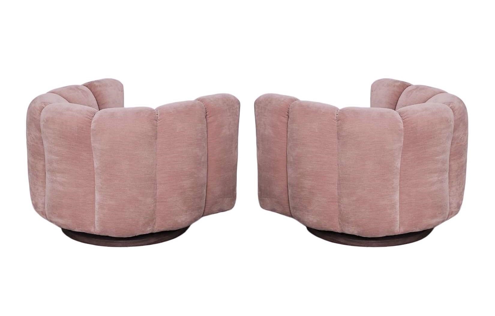 Blush Pink Pair Channel Back Swivel Chairs in the Style of Milo Baughman In Good Condition For Sale In Dallas, TX