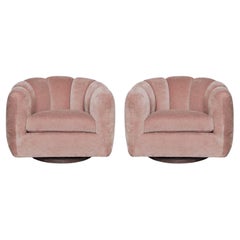 Retro Blush Pink Pair Channel Back Swivel Chairs in the Style of Milo Baughman