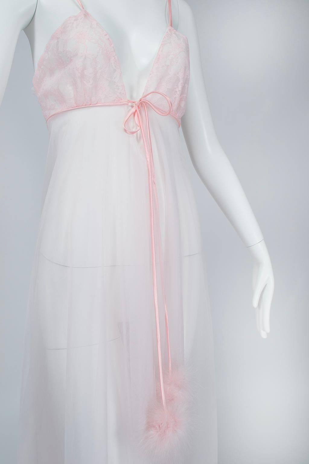 Gray Blush Pink Powder Puff Negligée Nightgown with Marabou Feather Ties - S-M, 1960s For Sale