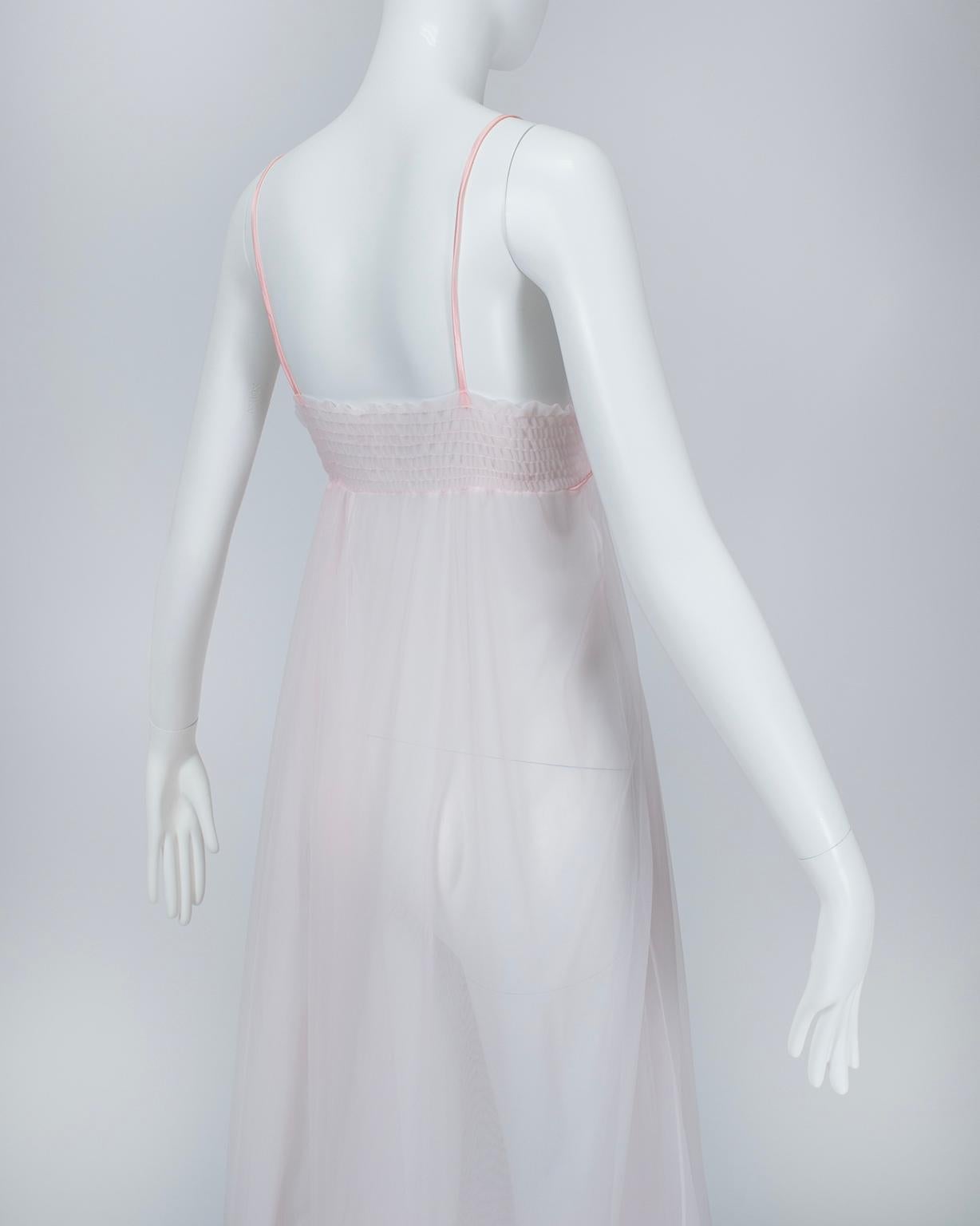 Blush Pink Powder Puff Negligée Nightgown with Marabou Feather Ties - S-M, 1960s In Good Condition For Sale In Tucson, AZ