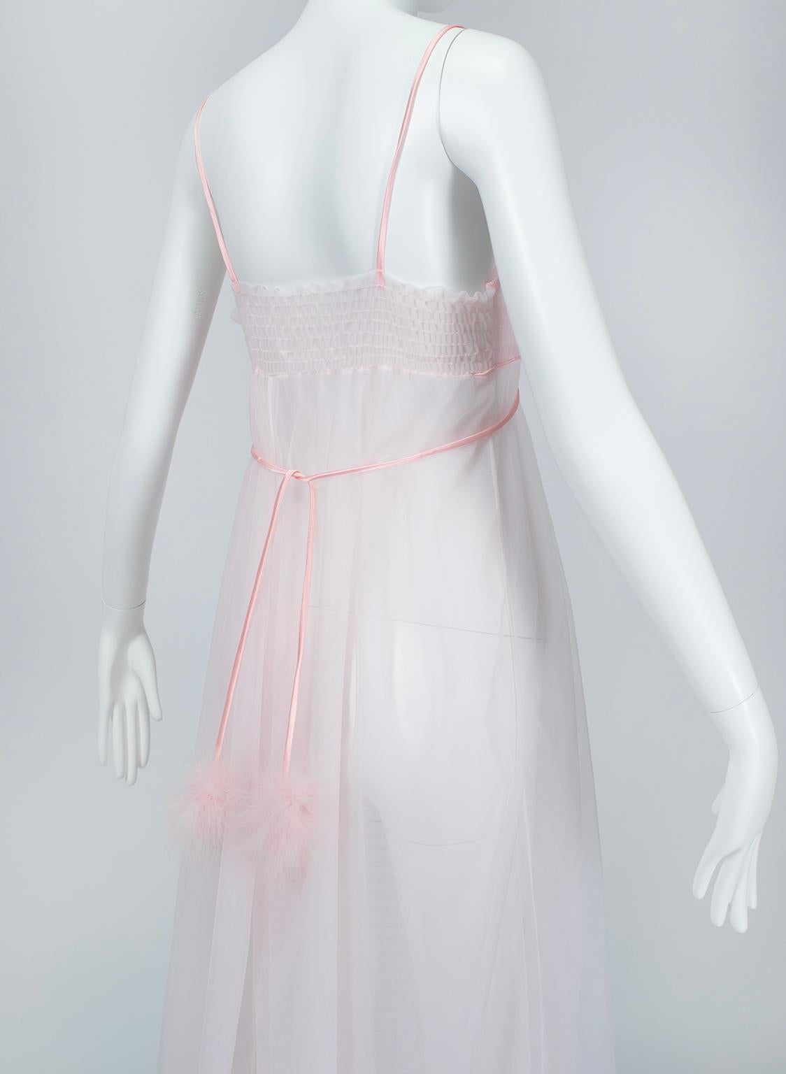 Women's Blush Pink Powder Puff Negligée Nightgown with Marabou Feather Ties - S-M, 1960s For Sale