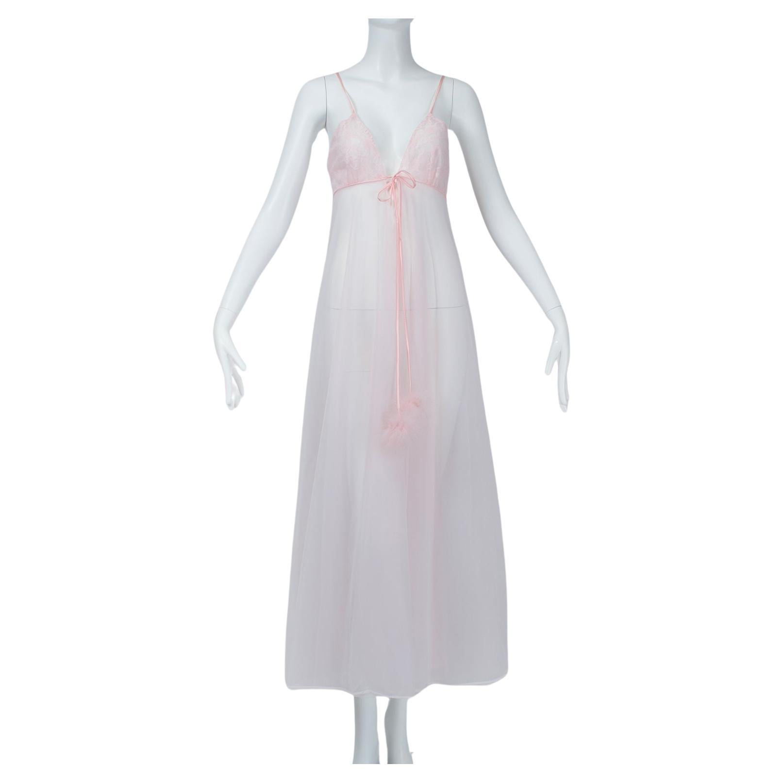 Blush Pink Powder Puff Negligée Nightgown with Marabou Feather Ties - S-M, 1960s For Sale
