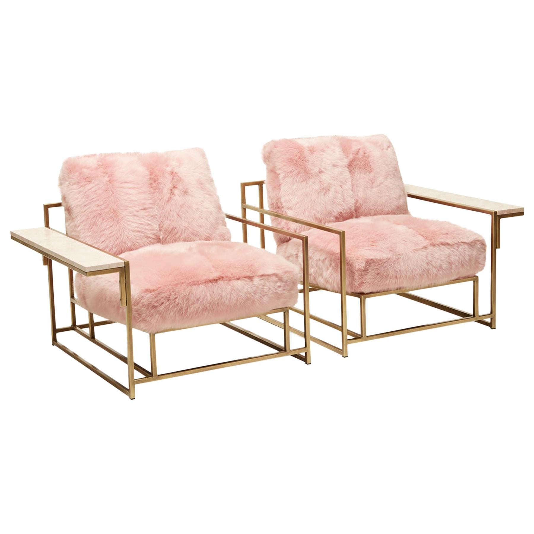 Blush Pink Shearling and Antique Brass Armchair Pair