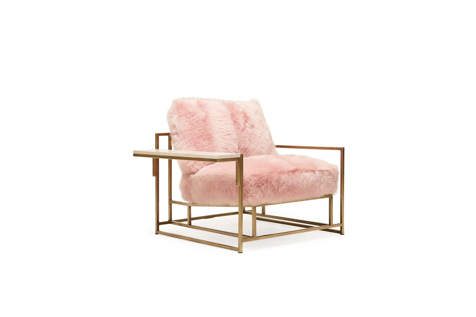 Modern Blush Pink Shearling and Antique Brass Armchair Pair For Sale