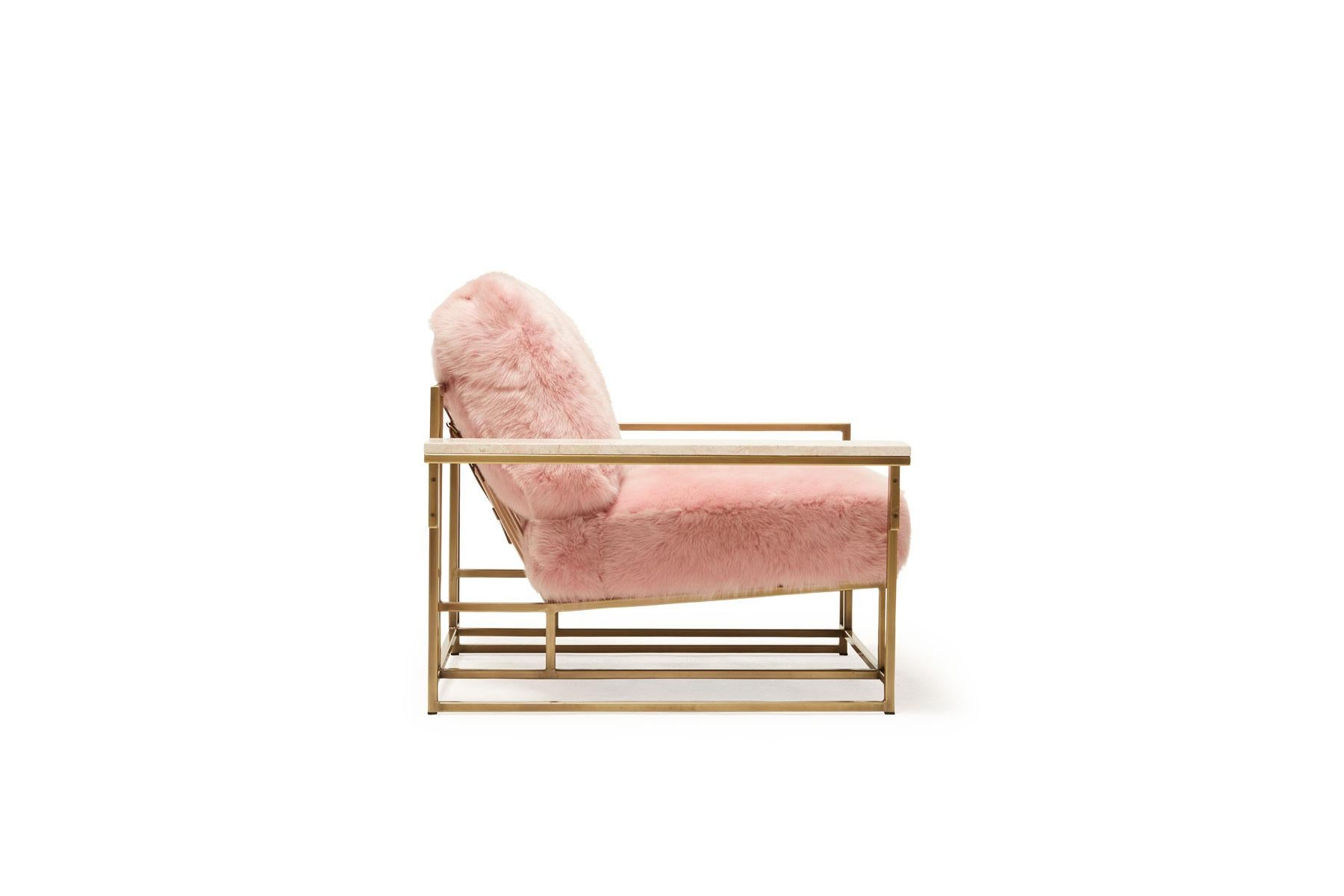 American Blush Pink Shearling and Antique Brass Armchair Pair For Sale