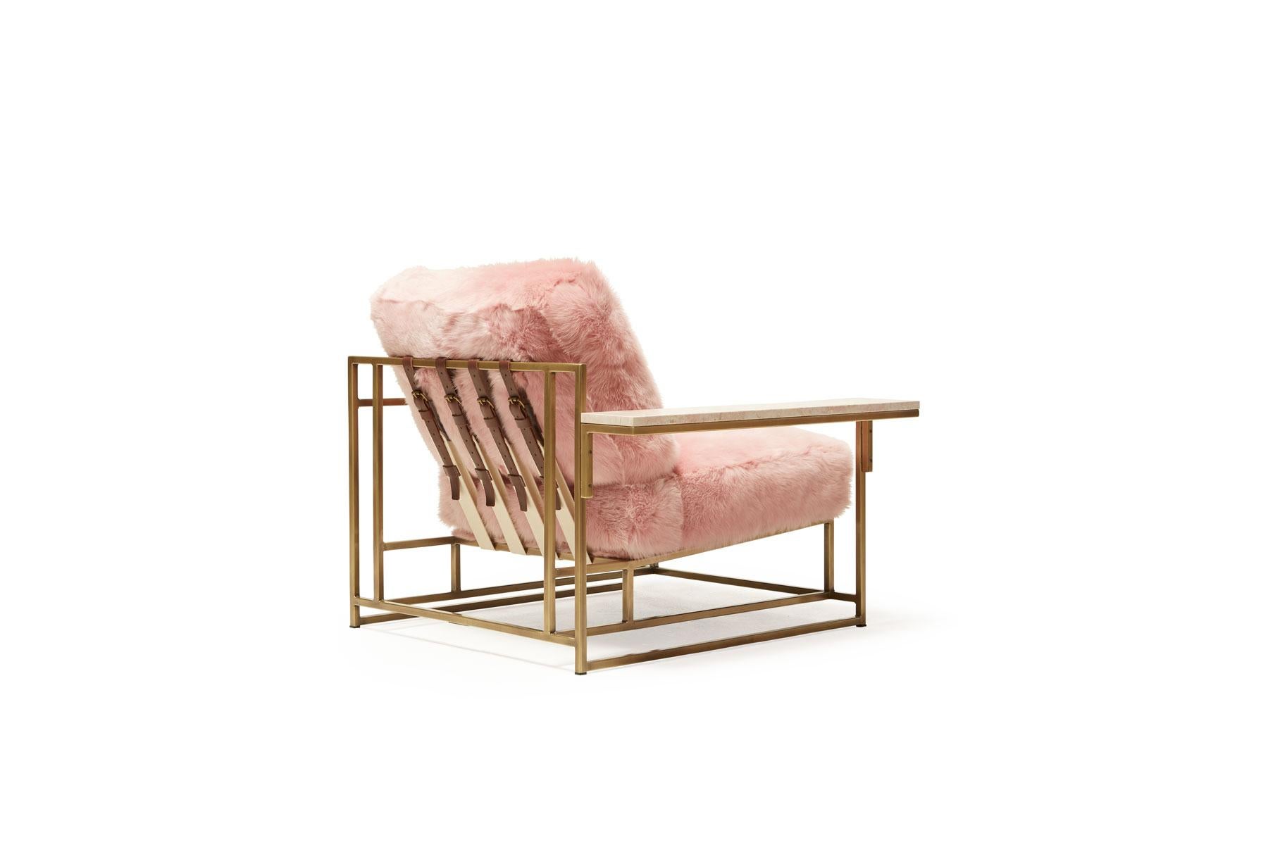 Blush Pink Shearling and Antique Brass Armchair Pair In New Condition For Sale In Los Angeles, CA