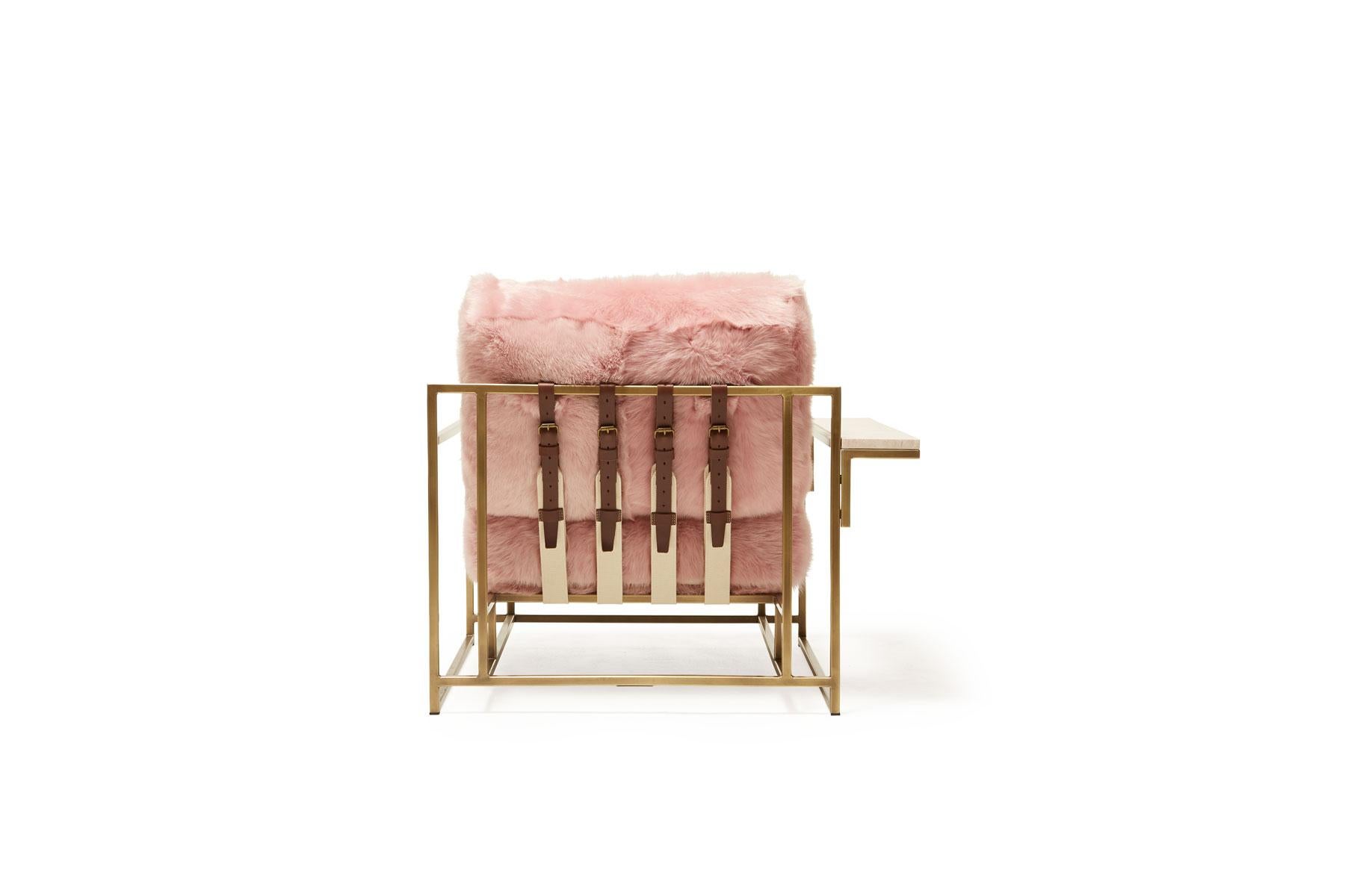 Contemporary Blush Pink Shearling and Antique Brass Armchair Pair For Sale
