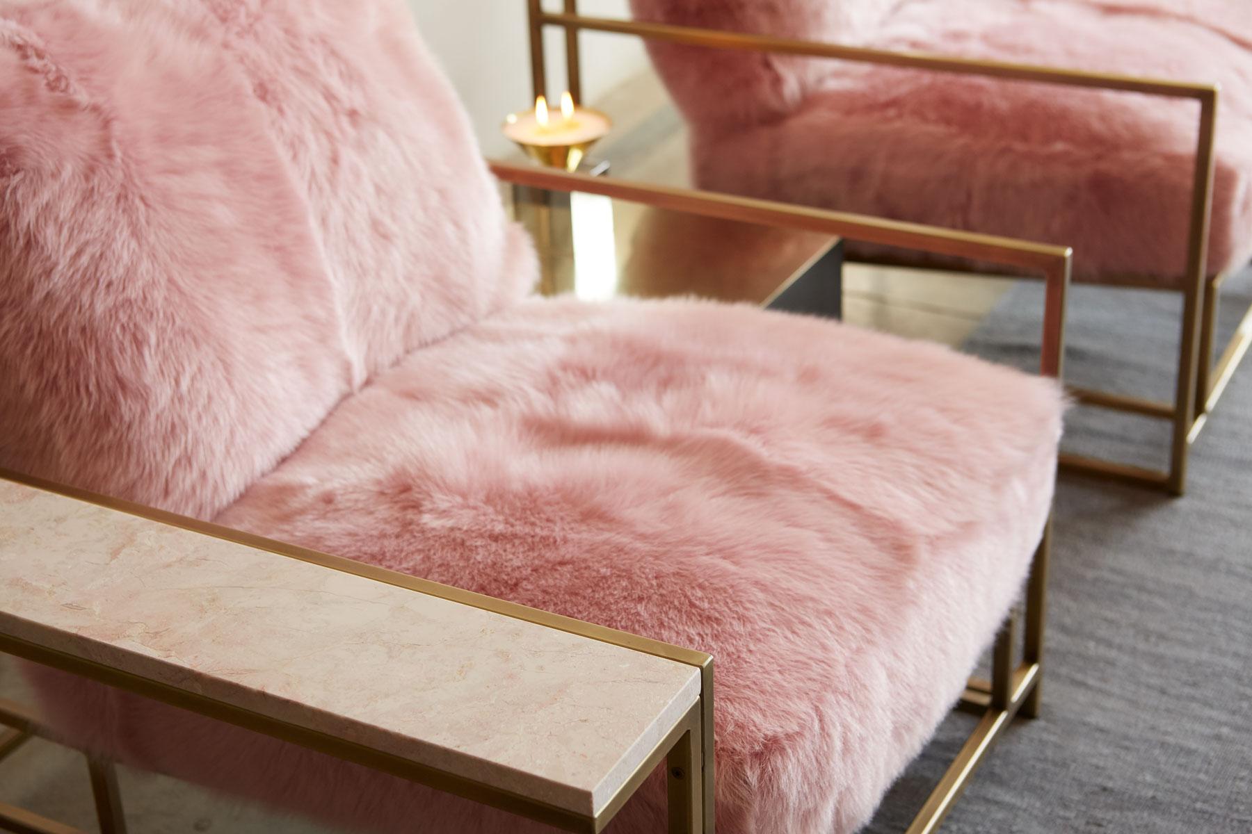 Sheepskin Blush Pink Shearling & Antique Brass Armchair with Wing Table For Sale
