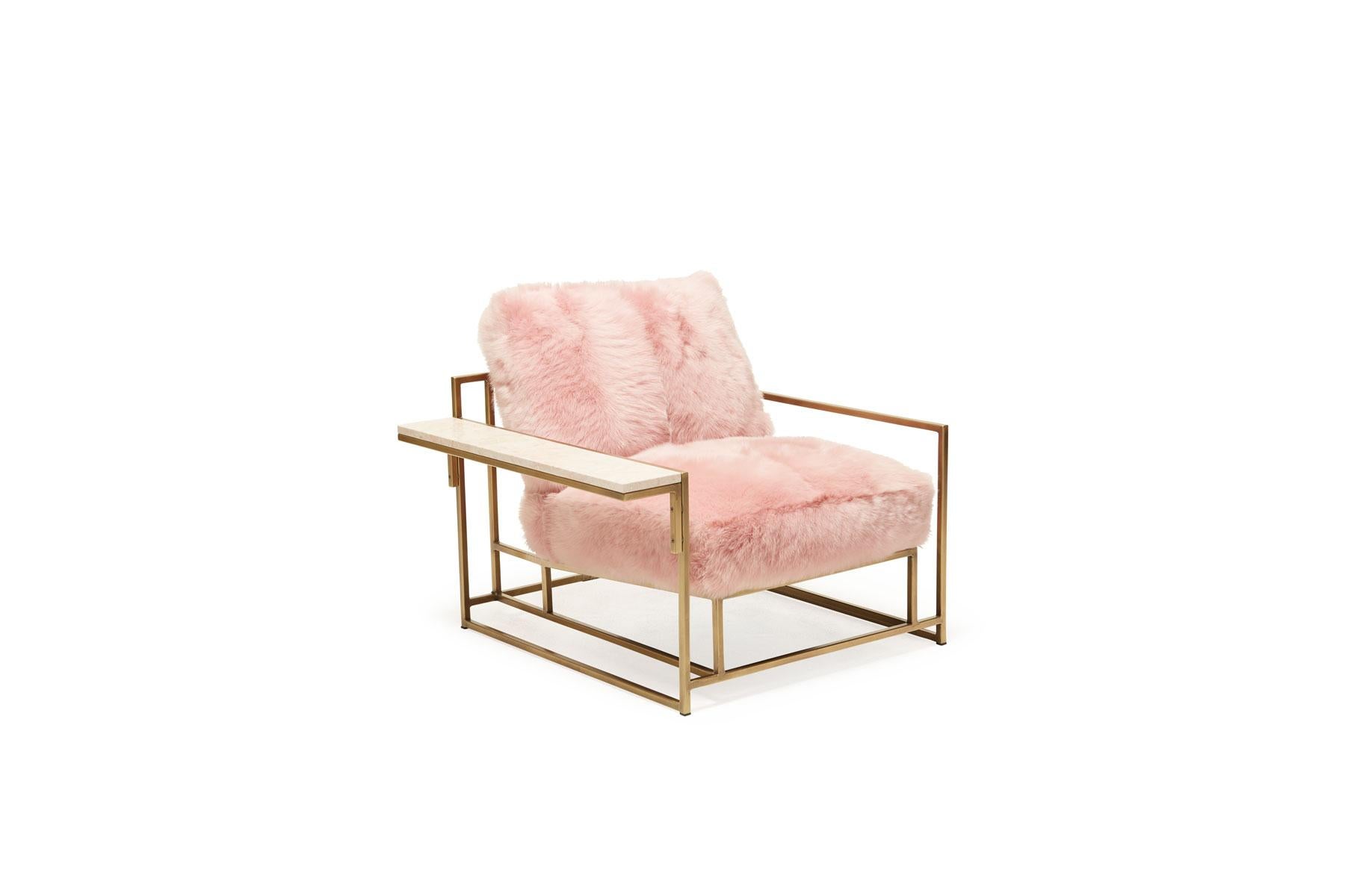 Modern Blush Pink Shearling & Antique Brass Armchair with Wing Table For Sale