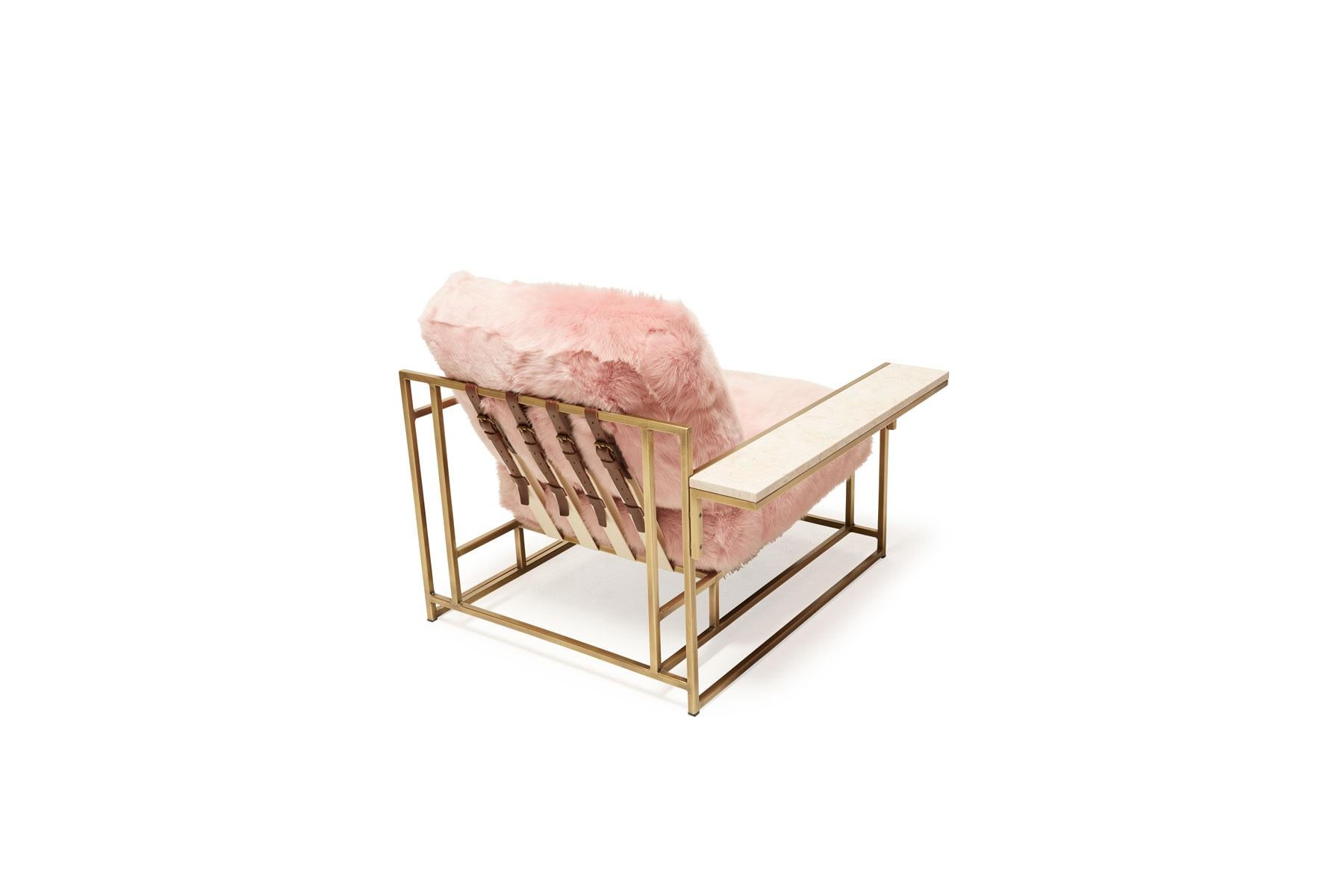 American Blush Pink Shearling & Antique Brass Armchair with Wing Table For Sale