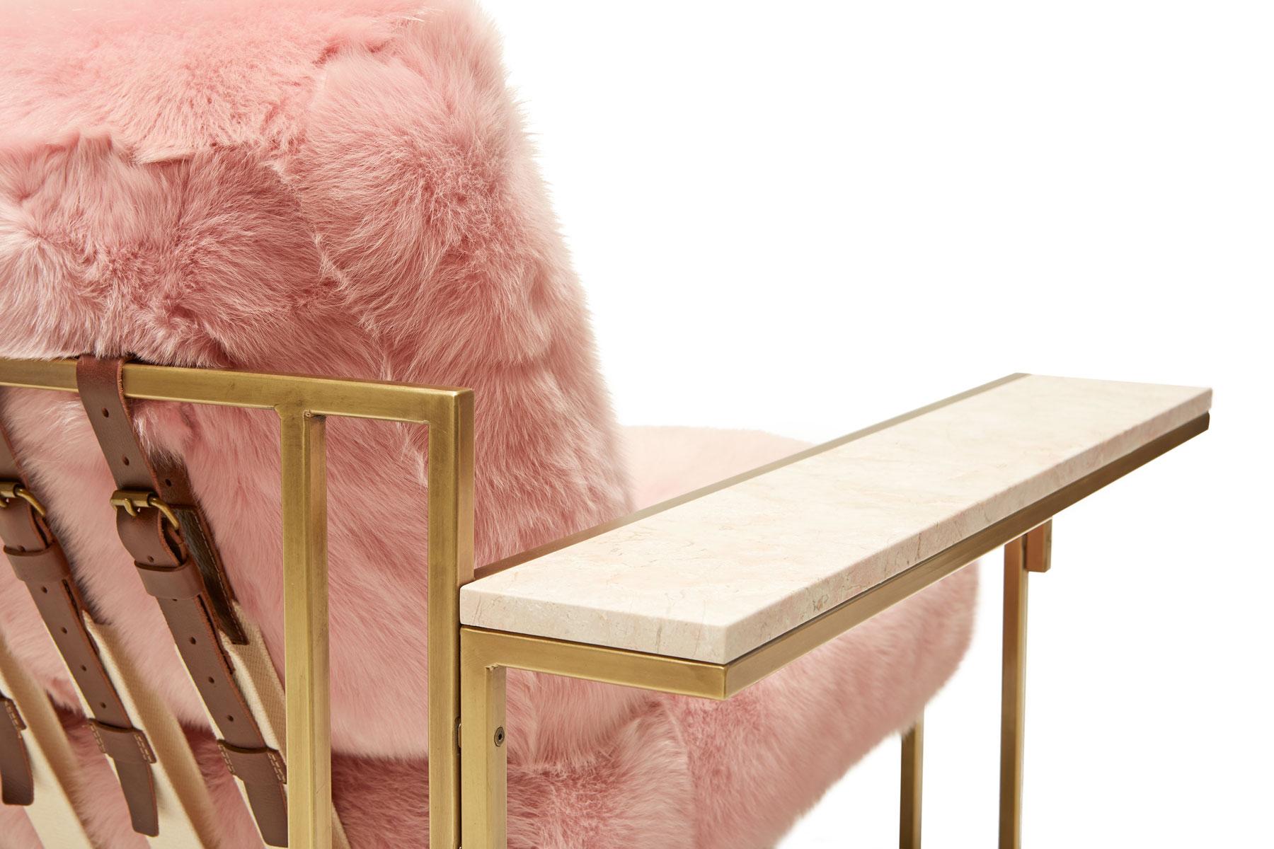 Metalwork Blush Pink Shearling & Antique Brass Armchair with Wing Table For Sale