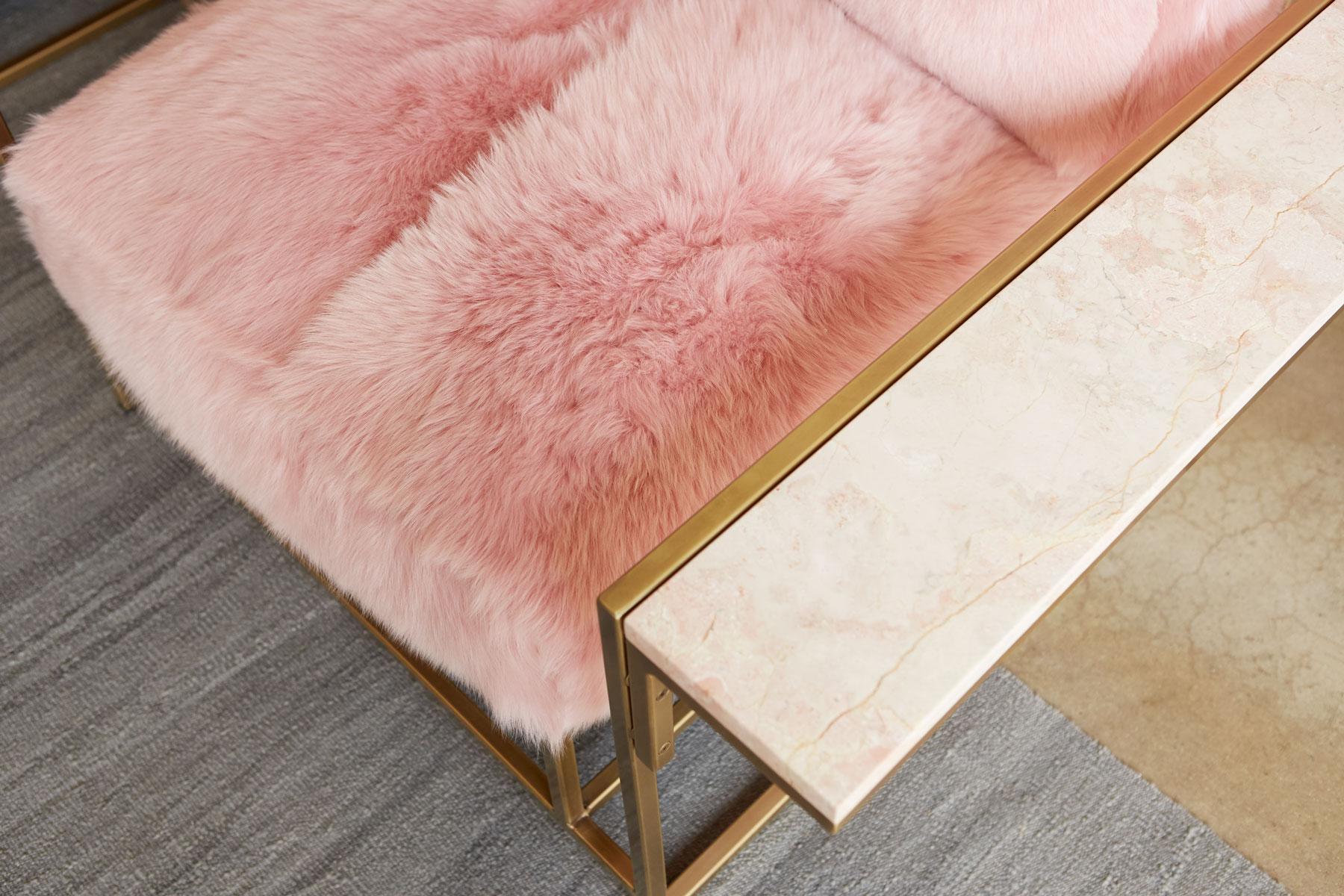 Blush Pink Shearling & Antique Brass Armchair with Wing Table In New Condition For Sale In Los Angeles, CA
