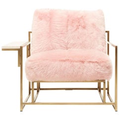 Blush Pink Shearling & Antique Brass Armchair with Wing Table