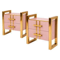 Blush Pink Two-Drawer Nightstands with Raised Brass Frames, Pair