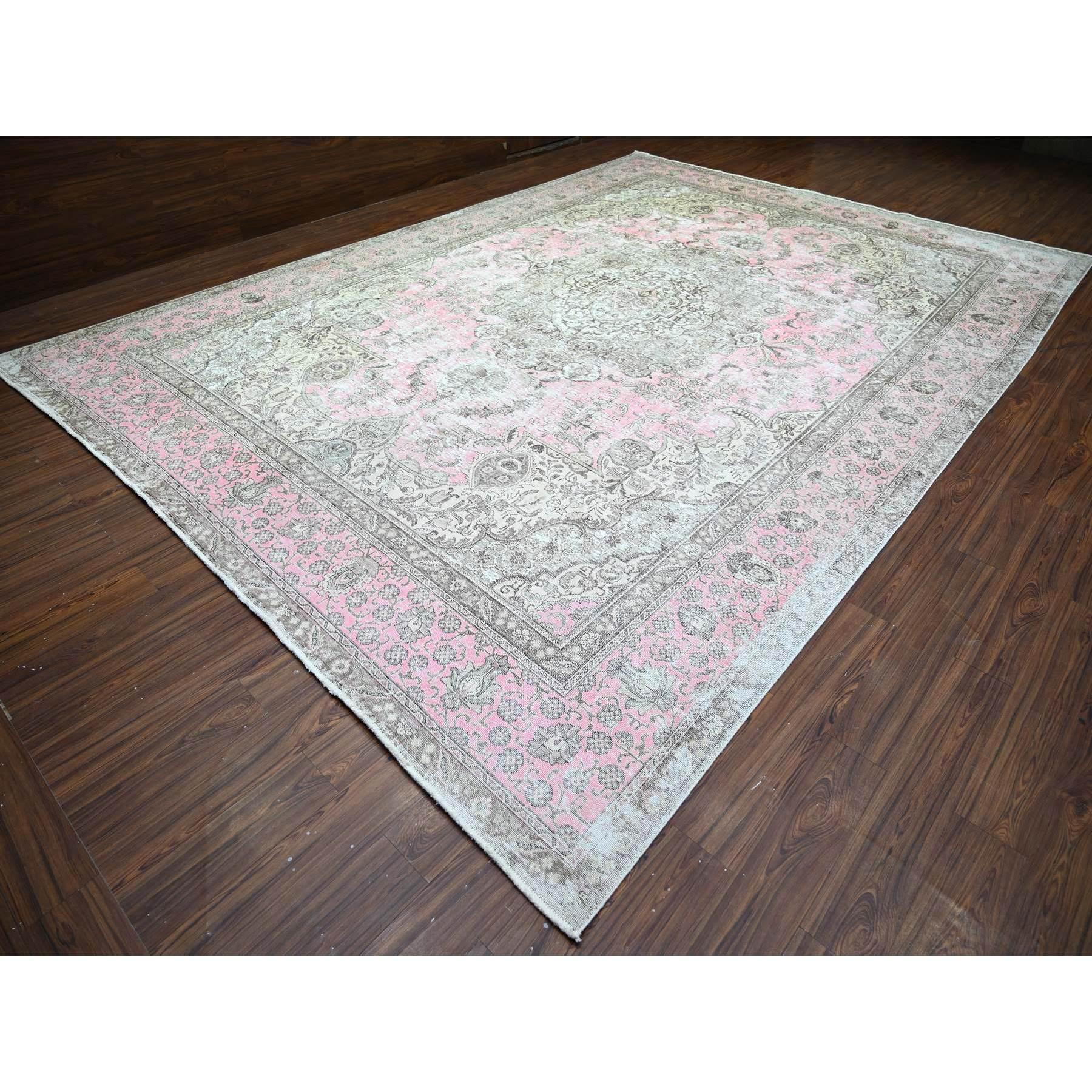 Afghan Blush Pink Vintage Tabriz Worn Out Soft Wool Hand Knotted Rug 11'3