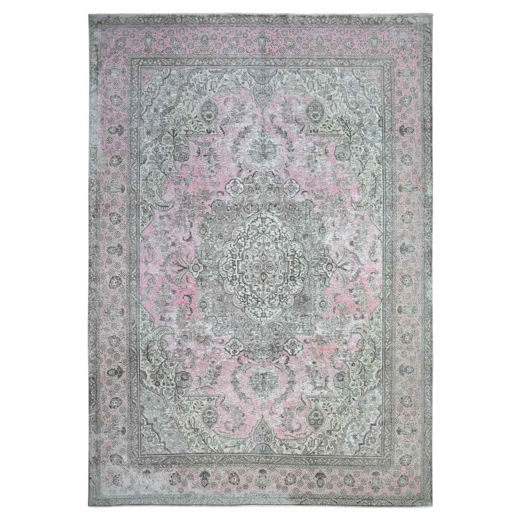 Blush Pink Vintage Tabriz Worn Out Soft Wool Hand Knotted Rug 11'3"x15'9" For Sale