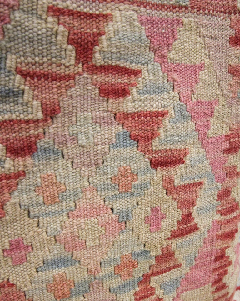 Afghan Blush Pink Wool Kilim Cushion Cover Handwoven Geometric Scatter Cushion For Sale