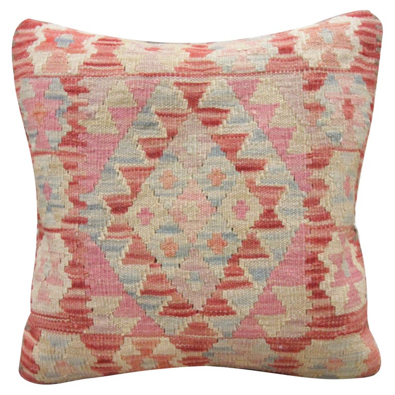 Blush Pink Wool Kilim Cushion Cover Handwoven Geometric Scatter Cushion For Sale