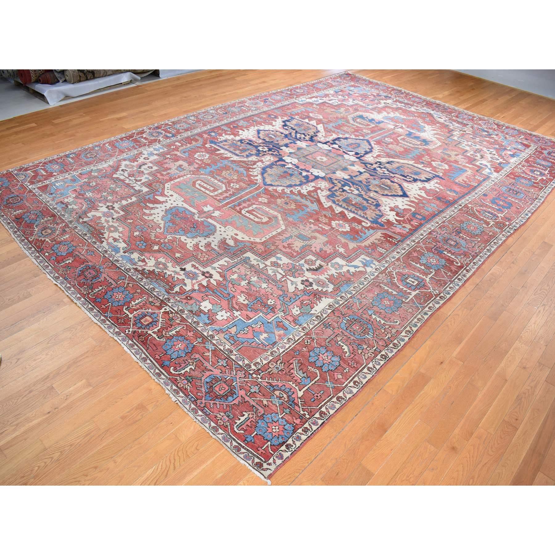 Medieval Blush Red Antique Persian Serapi Heriz Even Wear Hand Knotted Wool Oversized Rug For Sale