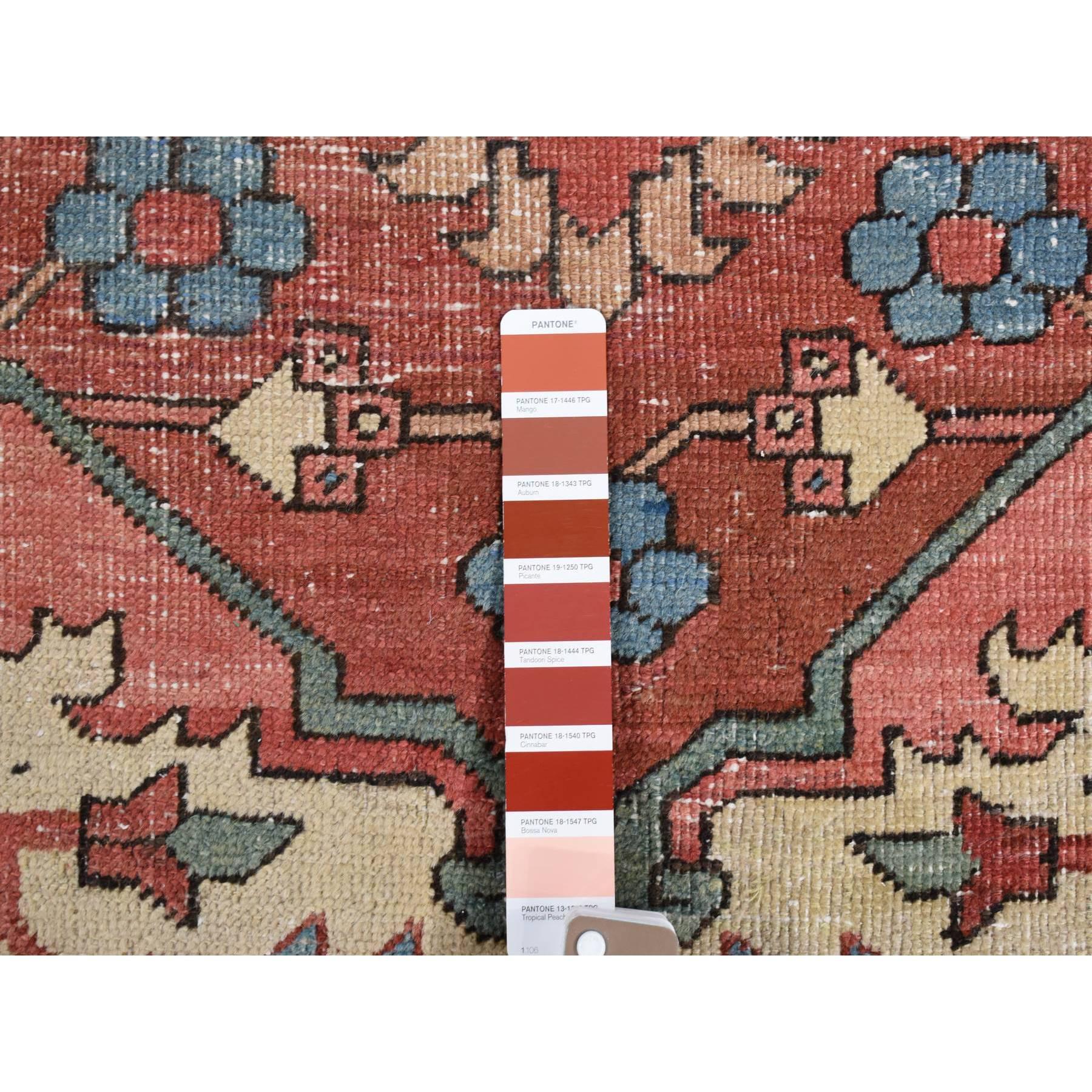 Blush Red Antique Persian Serapi Heriz Even Wear Hand Knotted Wool Oversized Rug For Sale 1