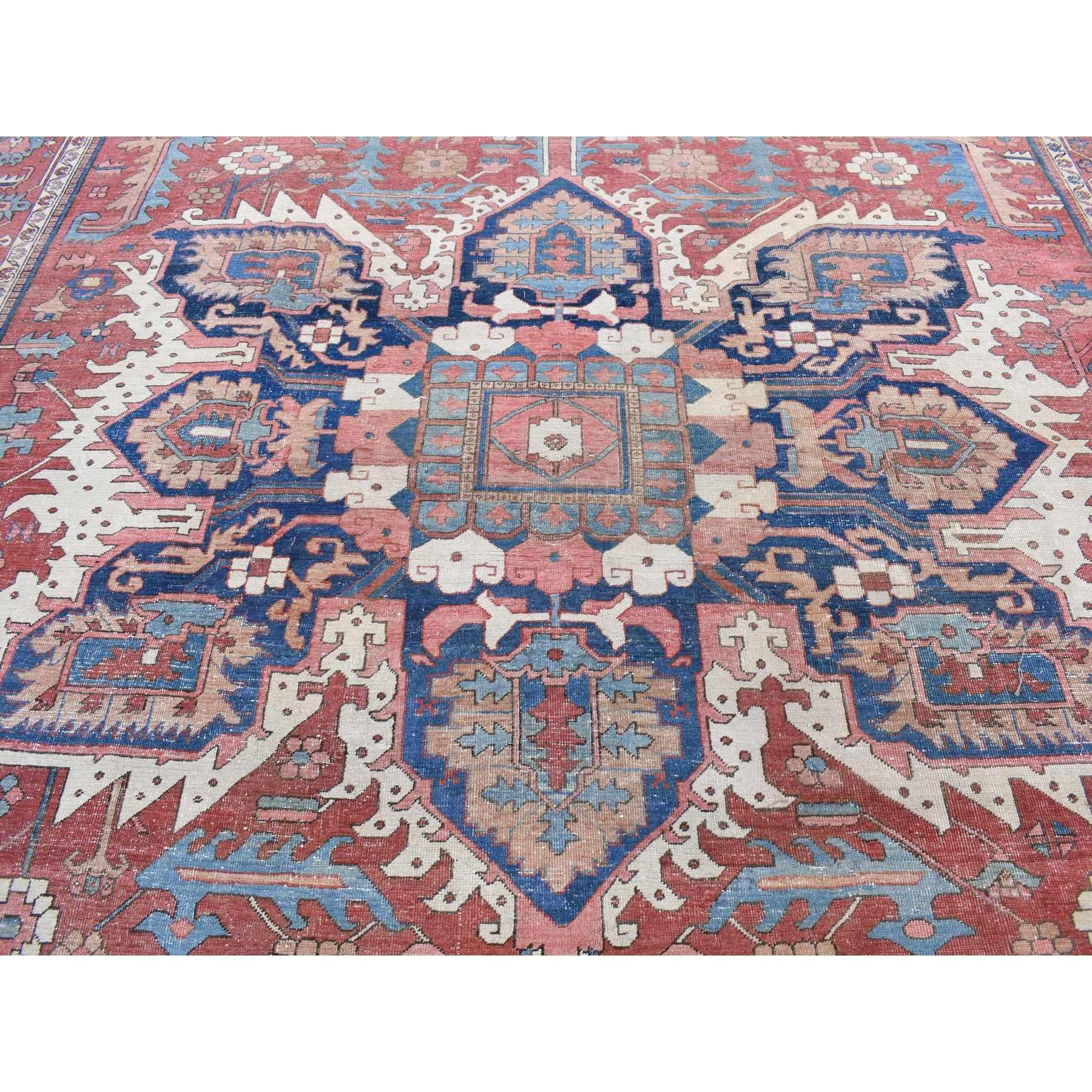 Blush Red Antique Persian Serapi Heriz Even Wear Hand Knotted Wool Oversized Rug For Sale 2
