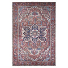 Blush Red Antique Persian Serapi Heriz Even Wear Hand Knotted Wool Oversized Rug