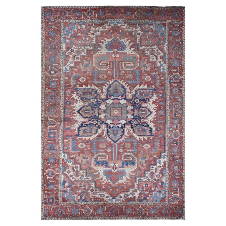Blush Red Antique Persian Serapi Heriz Even Wear Hand Knotted Wool