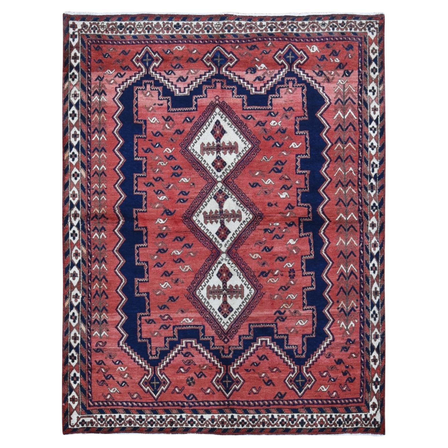 Blush Red Vintage Persian Bakhtiari Abrash Full Pile Pure Wool Hand Knotted Rug