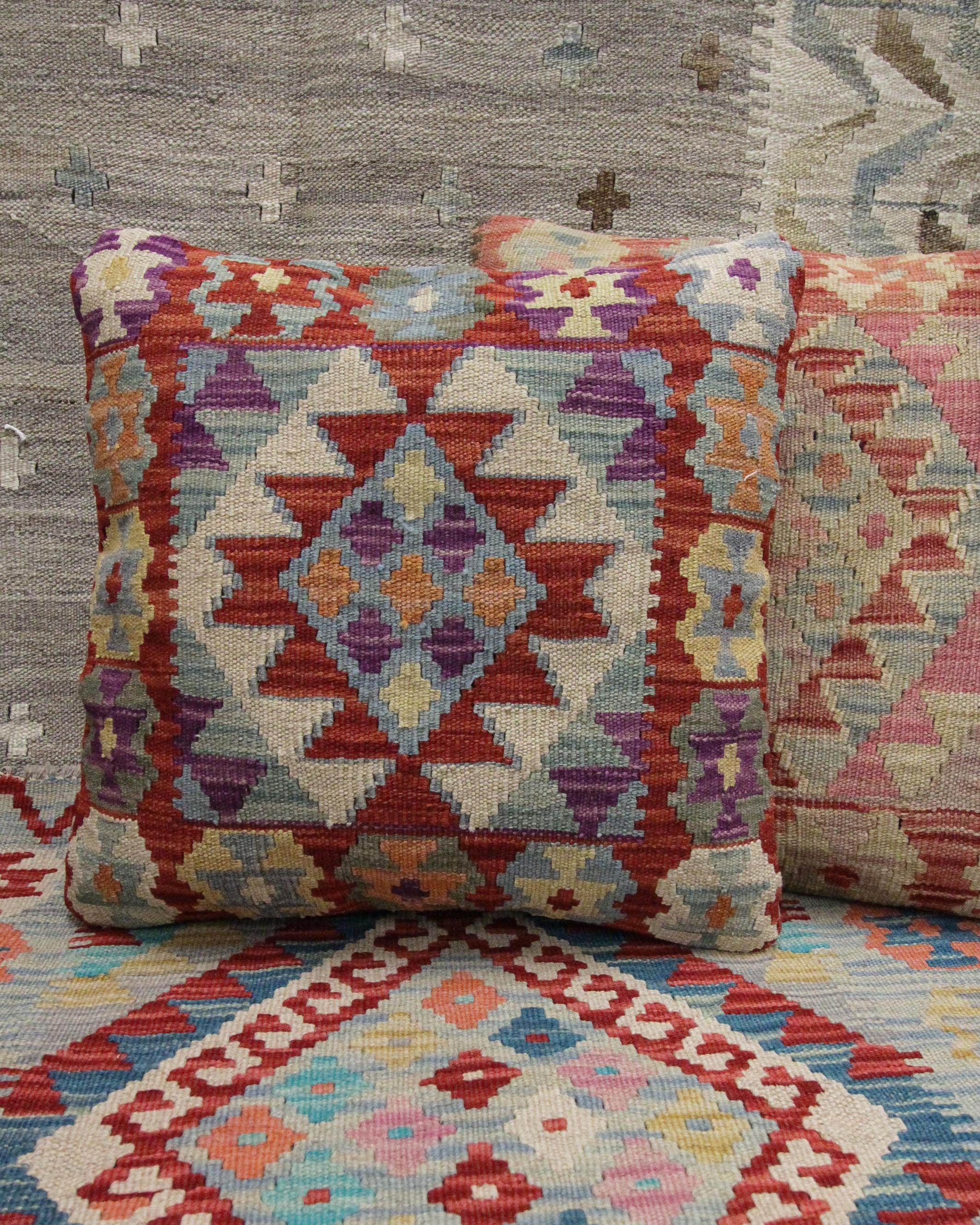 Hand-Knotted Blush Red Wool Kilim Cushion Cover Handwoven Geometric Scatter Cushion For Sale