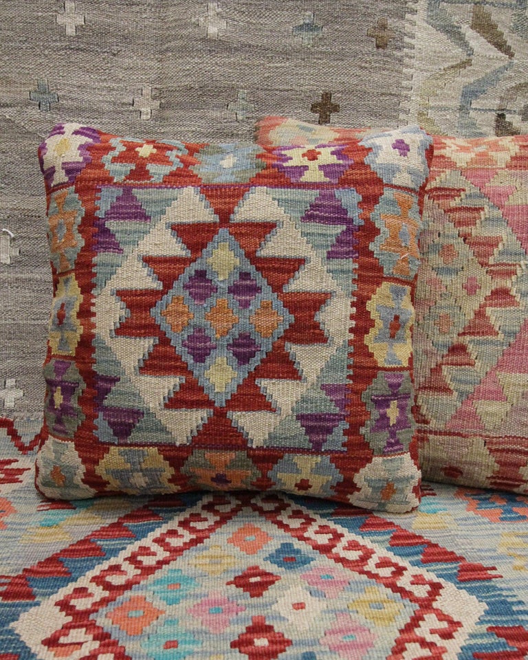 Vegetable Dyed Blush Red Wool Kilim Cushion Cover Handwoven Geometric Scatter Cushion For Sale