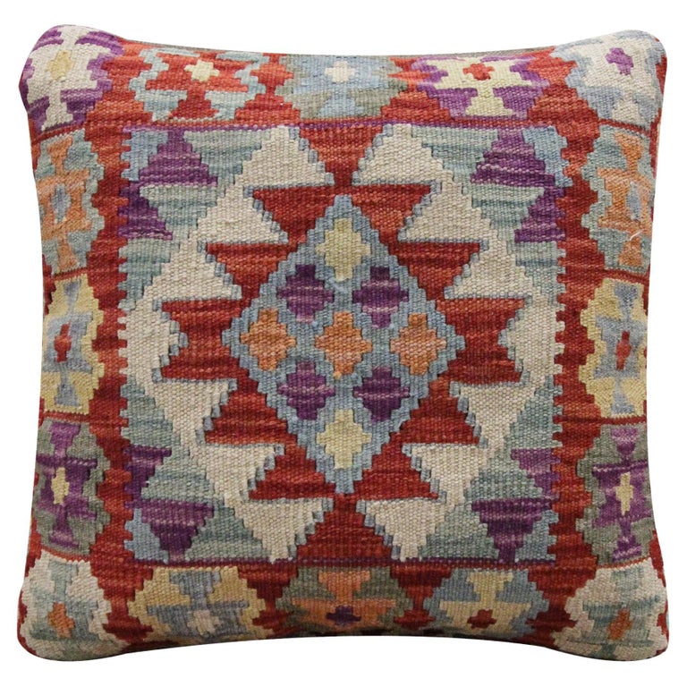 Blush Red Wool Kilim Cushion Cover Handwoven Geometric Scatter Cushion For Sale