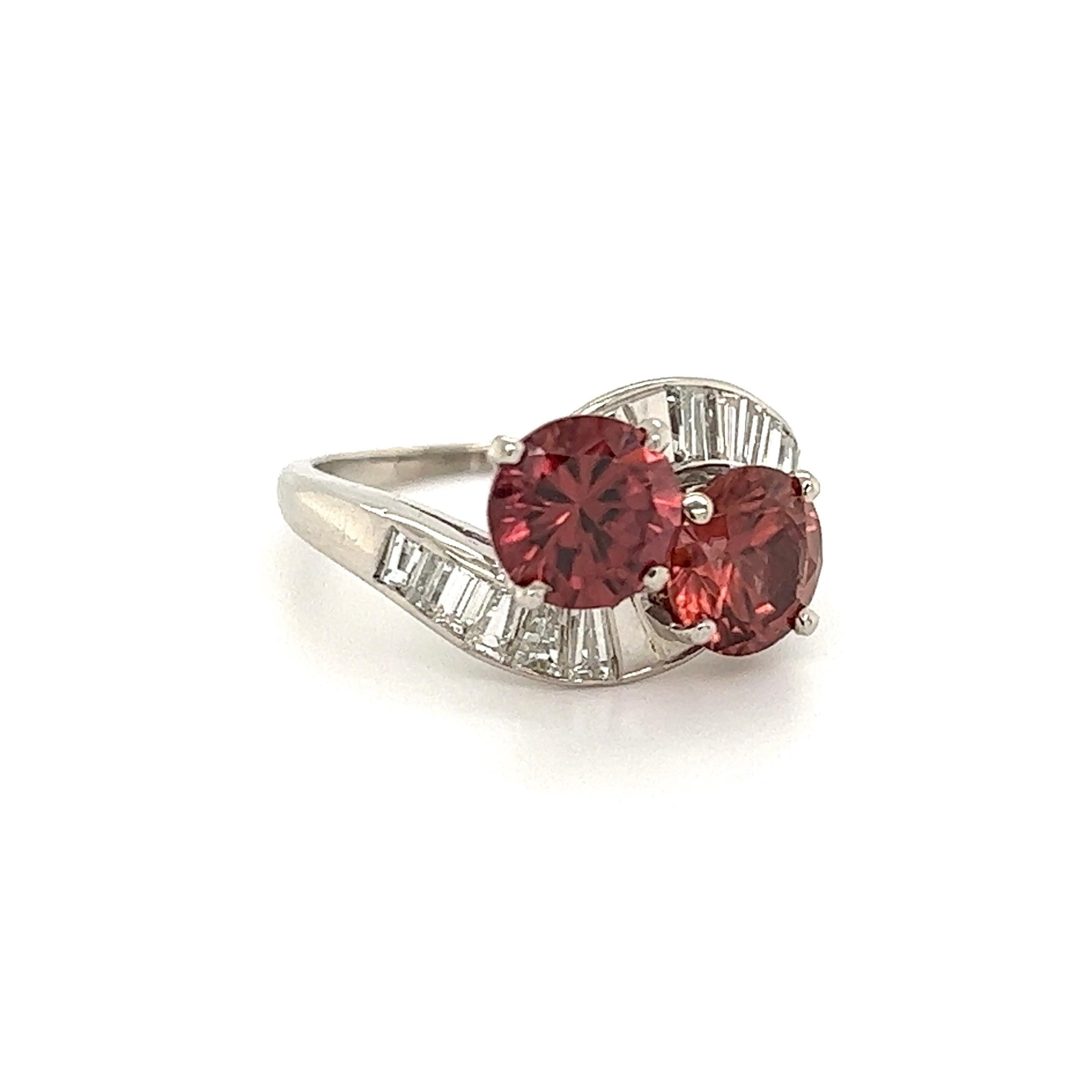 Modern Blush Red Zircon and Baguette Diamond Twin Toi et Moi Bypass Platinum Ring For Sale