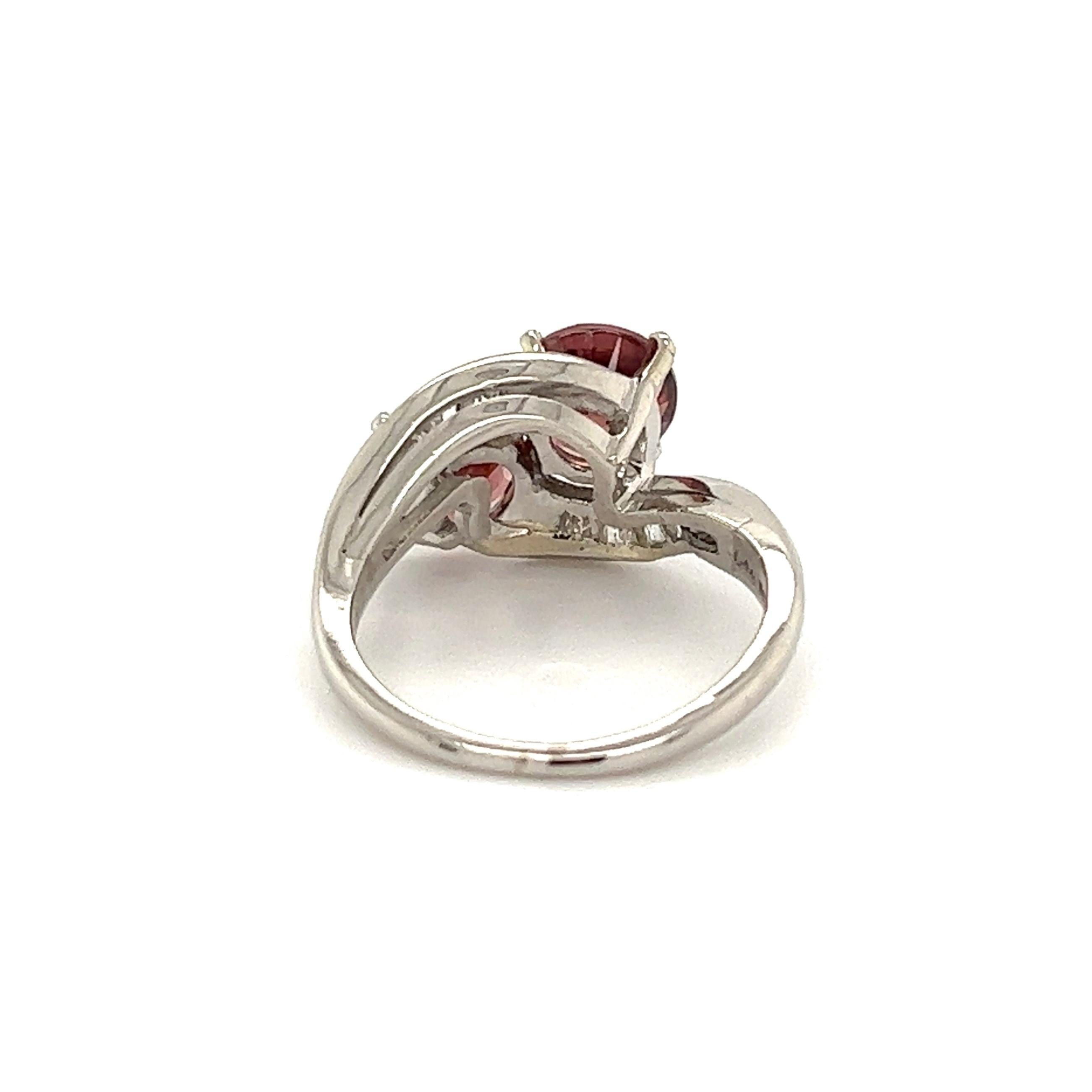Mixed Cut Blush Red Zircon and Baguette Diamond Twin Toi et Moi Bypass Platinum Ring For Sale