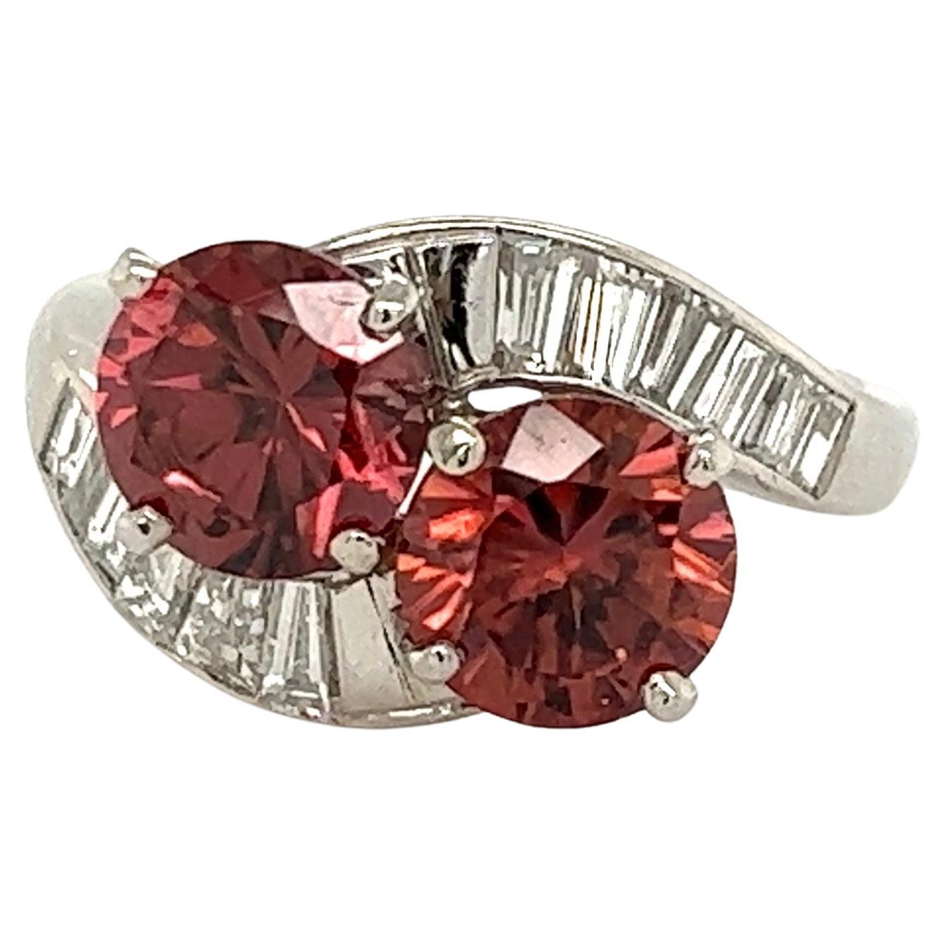 Blush Red Zircon and Baguette Diamond Twin Toi et Moi Bypass Platinum Ring For Sale