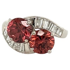 Blush Red Zircon and Baguette Diamond Twin Toi et Moi Bypass Platinum Ring