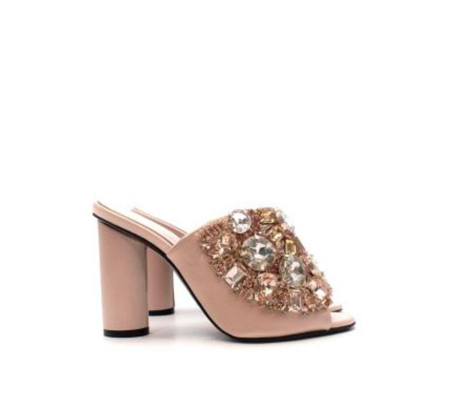 Brown Oscar de la Renta Blush Satin Crystal Studded Heeled Mules For Sale