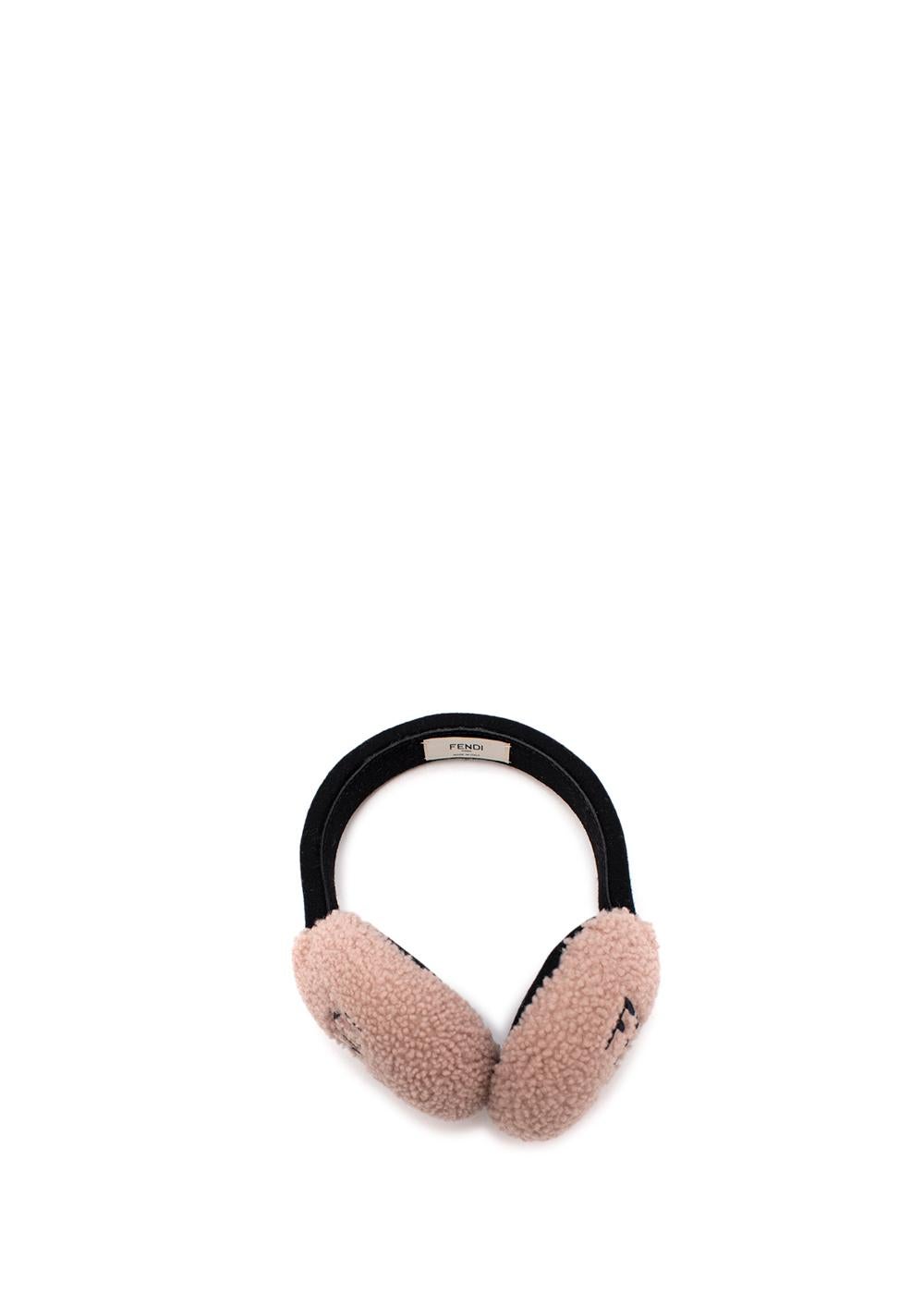 Fendi Blush Shearling Logo Embroidered Ear Muffs In New Condition For Sale In London, GB