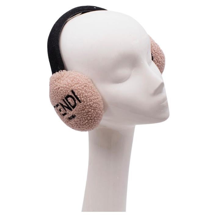 Fendi Blush Shearling Logo Embroidered Ear Muffs For Sale