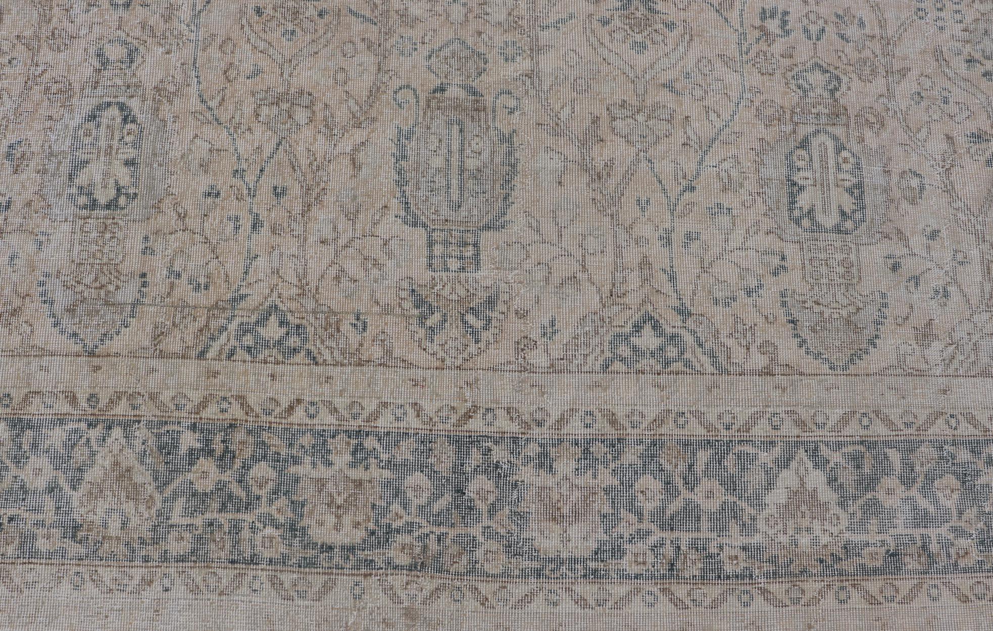 Blush, Tan, & Blue Vintage Turkish Distressed Rug with All-Over Floral Design In Distressed Condition For Sale In Atlanta, GA