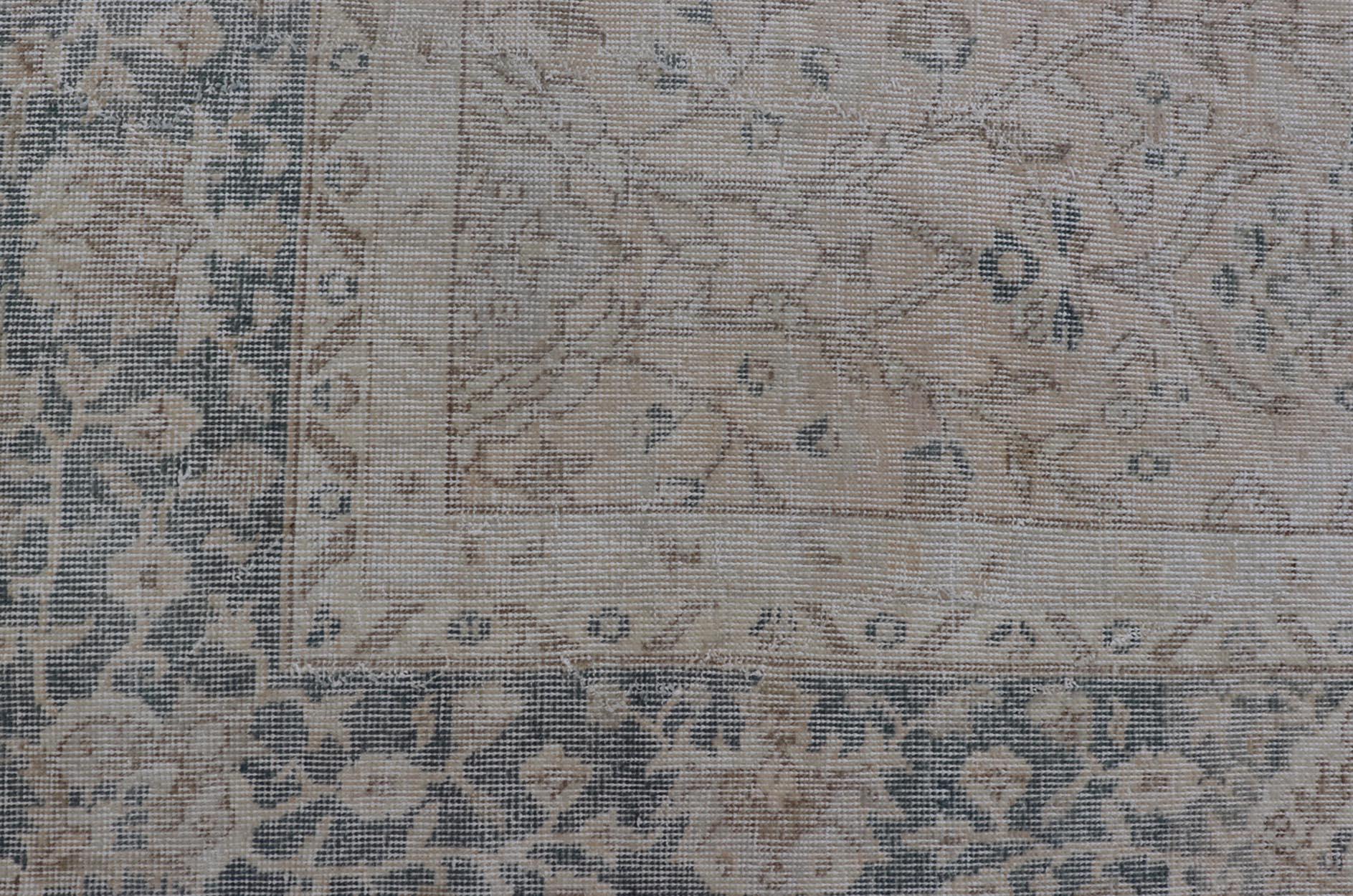 20th Century Blush, Tan, & Blue Vintage Turkish Distressed Rug with All-Over Floral Design For Sale