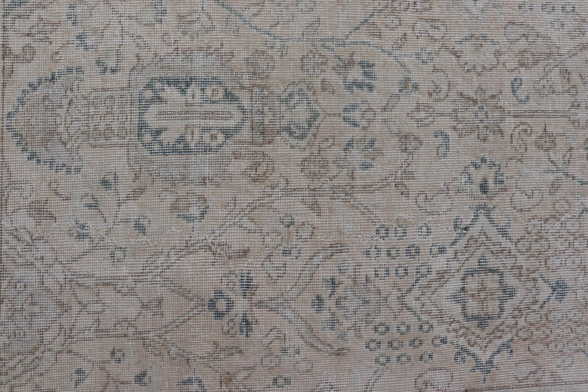 Wool Blush, Tan, & Blue Vintage Turkish Distressed Rug with All-Over Floral Design For Sale