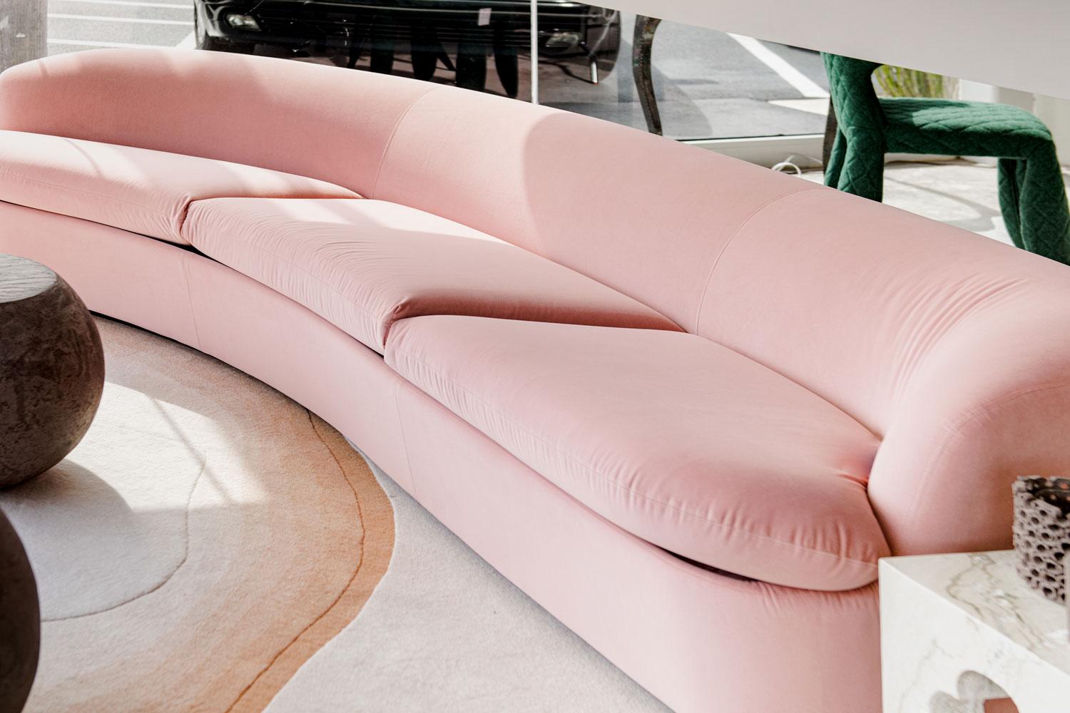 Italian Blush Velvet 3-Seat Curved Sofa, Cappellini