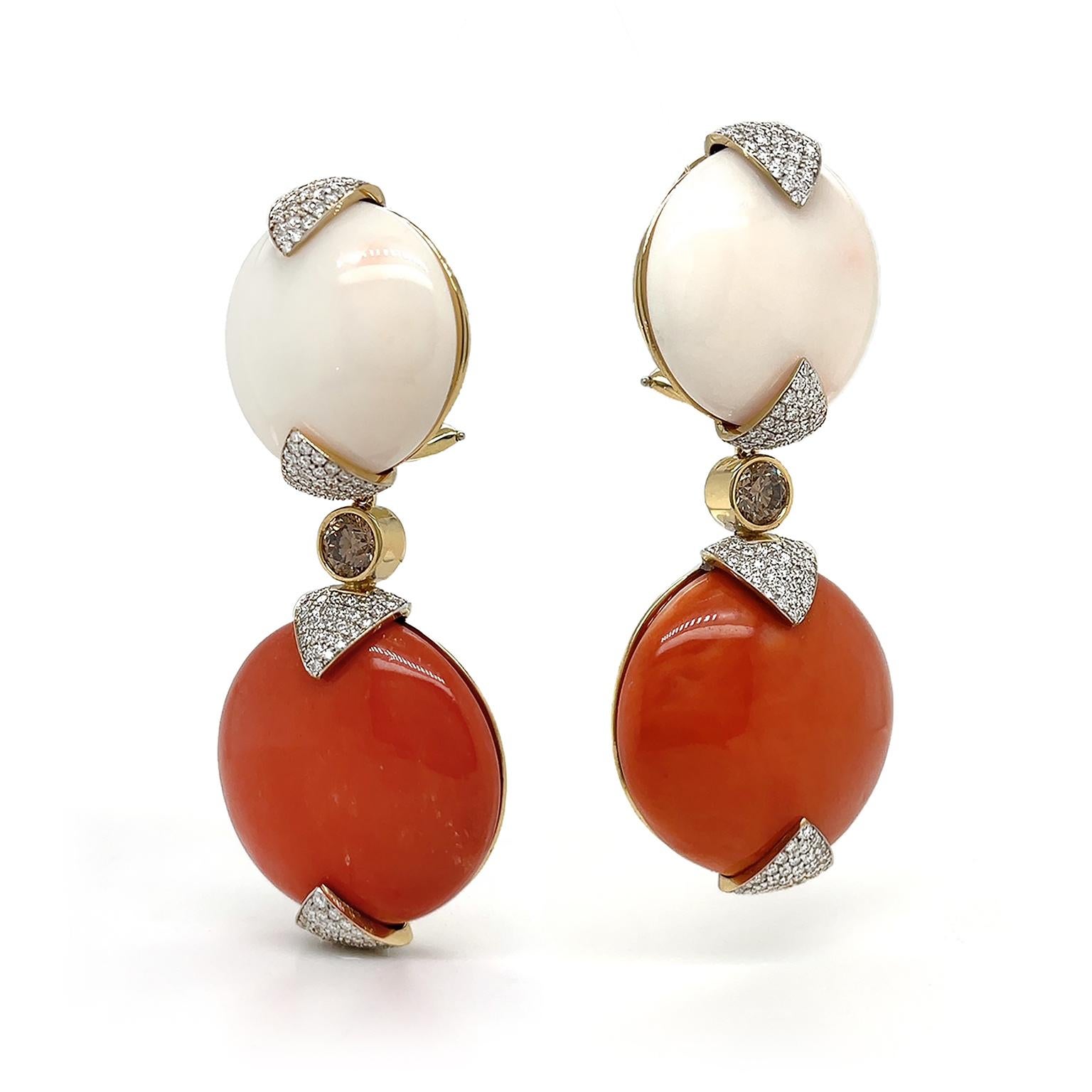 Round Cut Blush White and Red Coral 18K Yellow Gold Diamond Drop Earrings For Sale