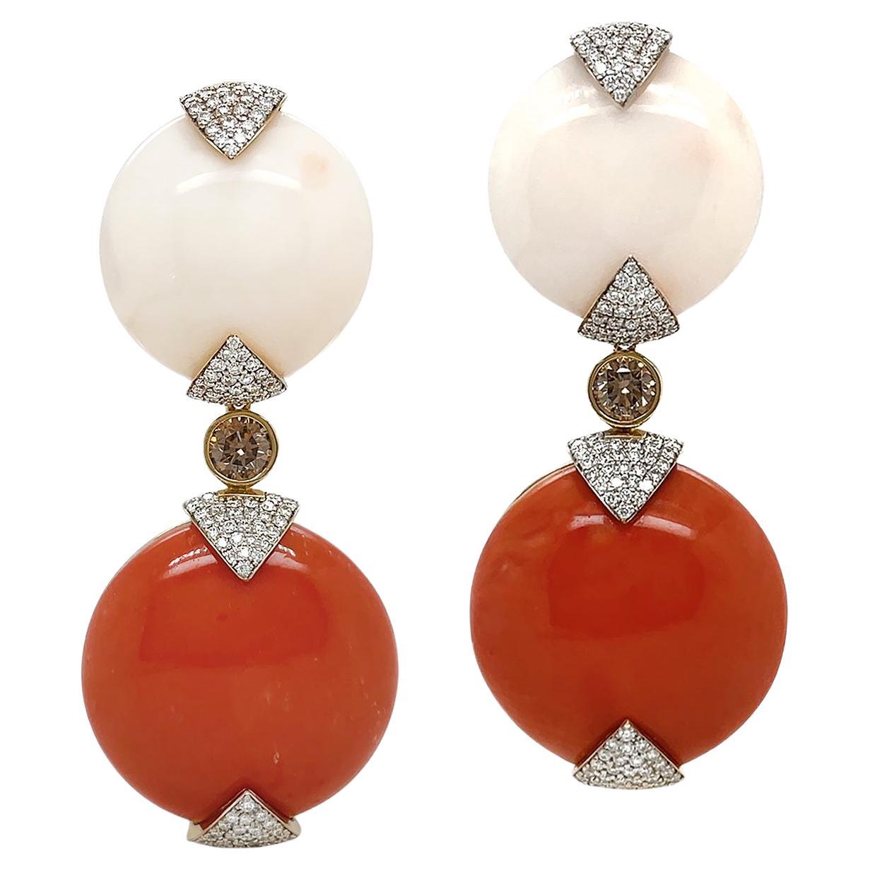 Blush White and Red Coral 18K Yellow Gold Diamond Drop Earrings For Sale