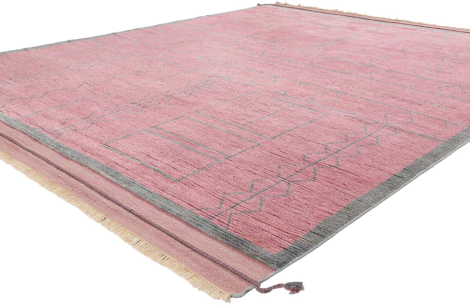 31188 New Blushing Nomad Boho Chic Pink Moroccan Rug, 08'04 x 10'02. Infuse your space with the free-spirited elegance of the Blushing Nomad Boho Chic Pink Moroccan Rug. Hand-knotted from fine wool, this Moroccan area rug is a celebration of