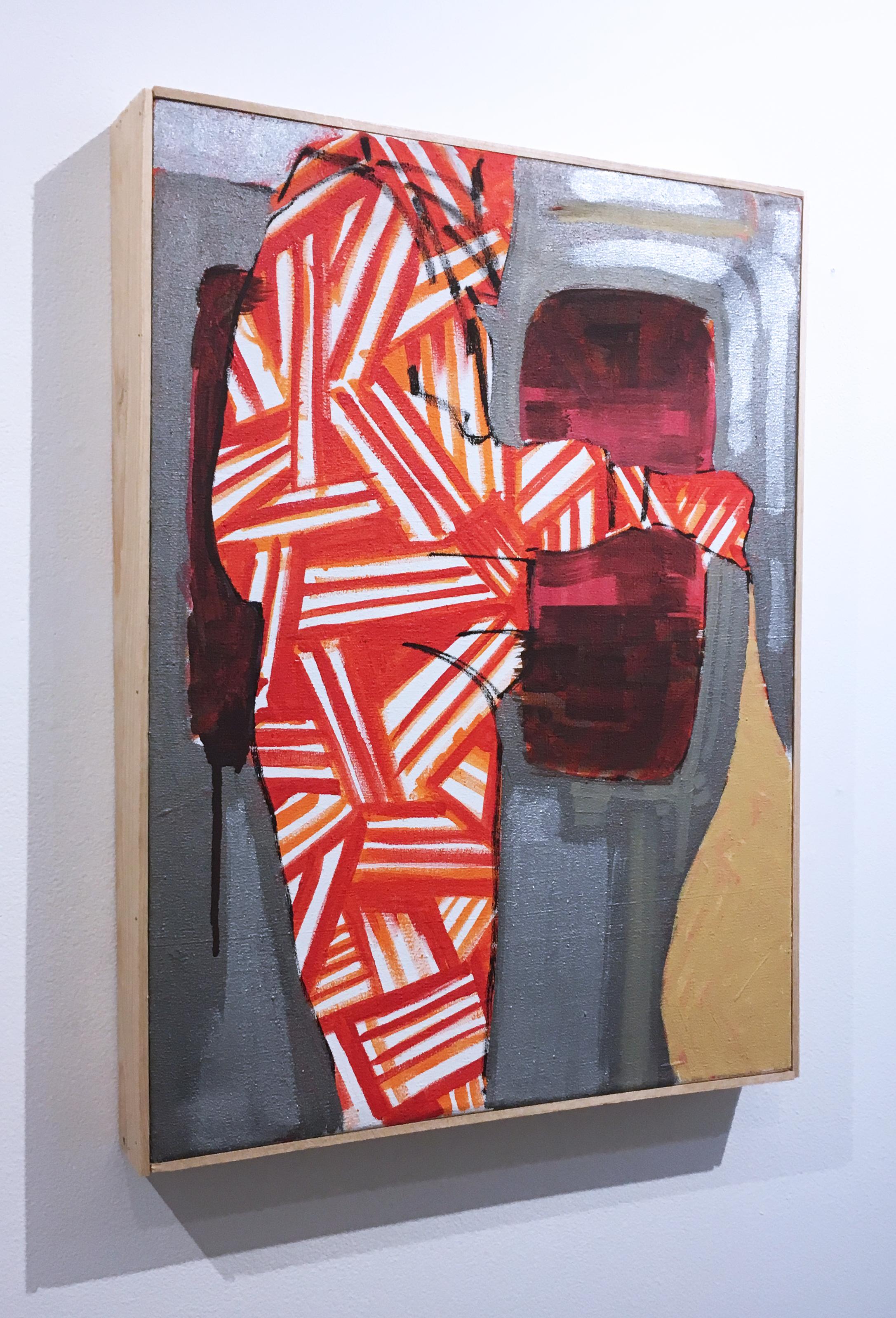 Here by street artist BLUSTERONE, figurative subway commuter with bold pattern - Painting by BlusterOne