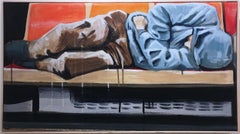 Homeward by street artist BLUSTERONE, figurative sleeping NYC subway commuter 