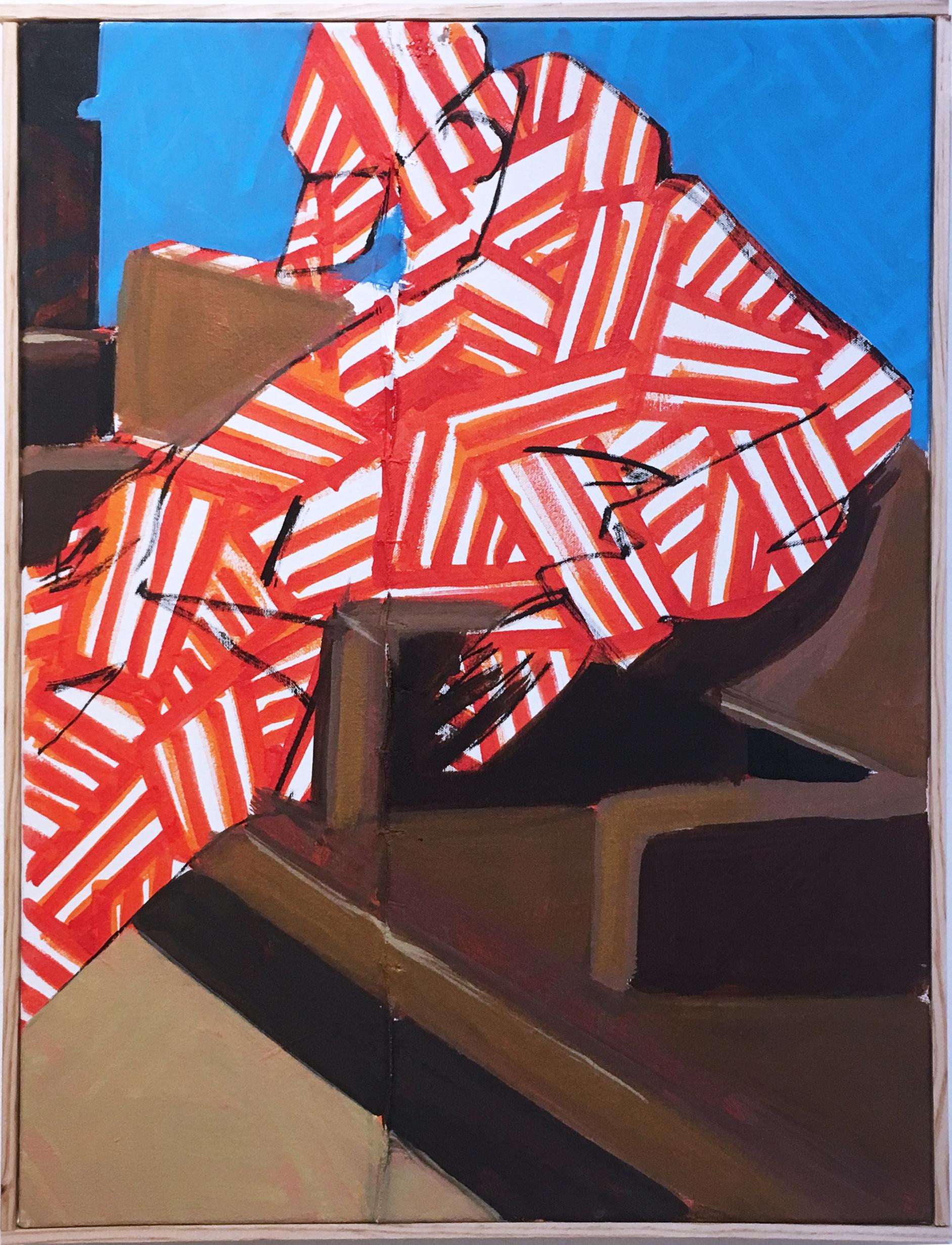 BlusterOne Portrait Painting - Now by street artist BLUSTERONE, figurative subway commuter with bold pattern
