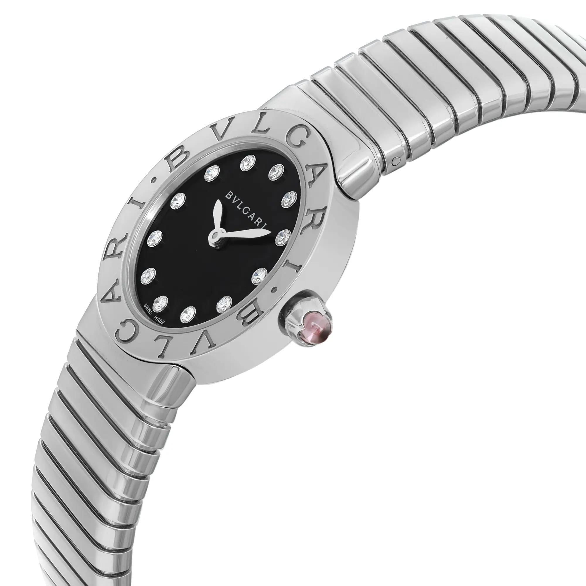 Blvgari Bulgari 26mm Steel Diamond Black Dial Ladies Quartz Watch 102145 In New Condition For Sale In New York, NY